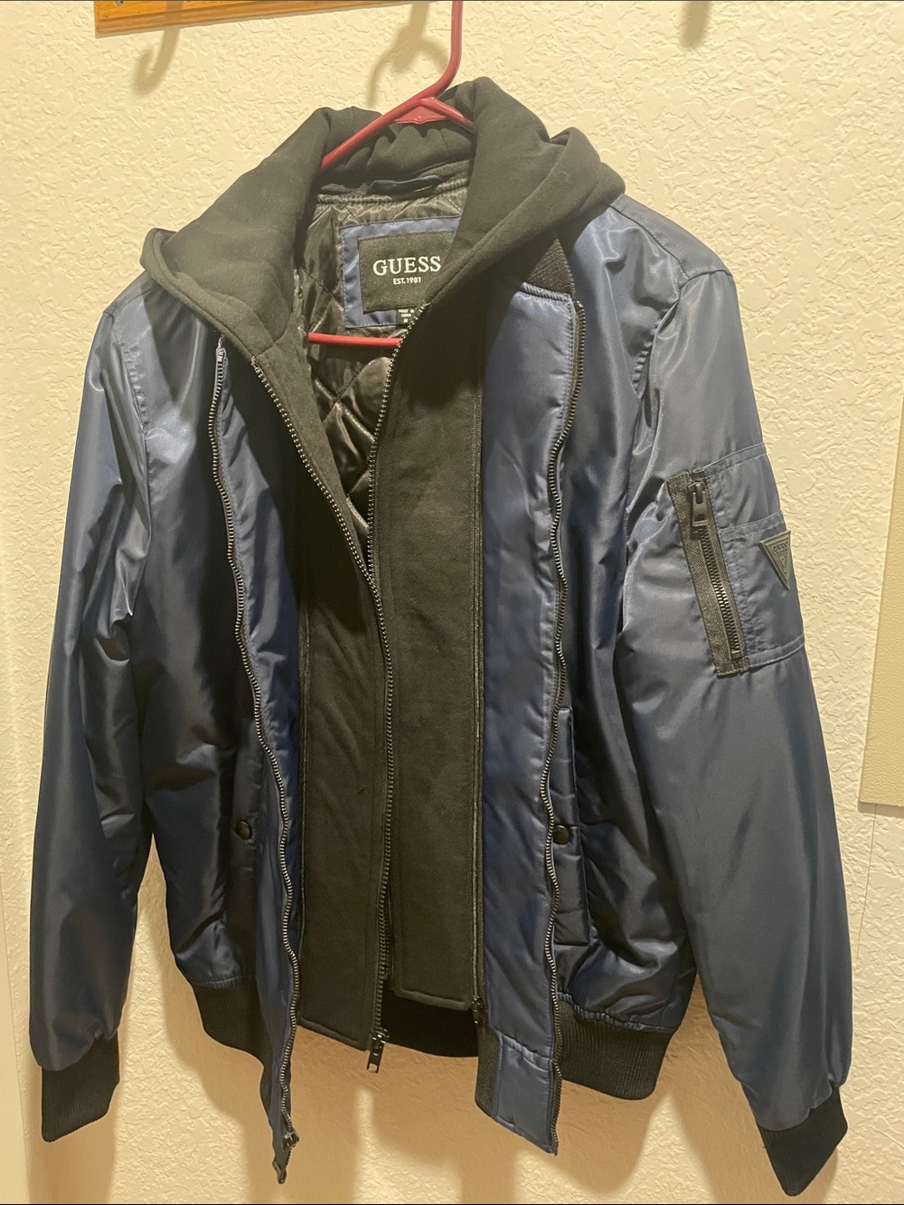 Men GUESS Navy Bomber Jacket with Black Hooded Liner